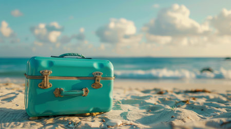 Modern teal suitcase in the sand, in front of a beach generative aiの素材