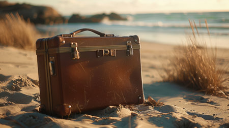Modern brown suitcase in the sand, in front of a beach generative aiの素材