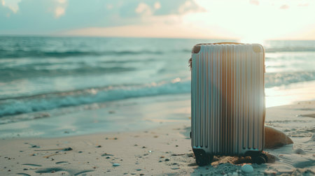 Modern gray suitcase in the sand, in front of a beach, generative aiの素材