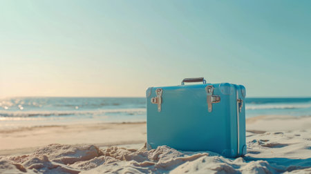 Modern blue suitcase in the sand, in front of a beach, generative aiの素材