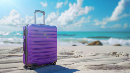 Modern purple suitcase in the sand, in front of a beach, generative aiの素材