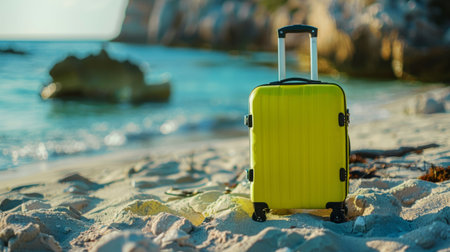 Modern lime suitcase in the sand, in front of a beach, generative aiの素材