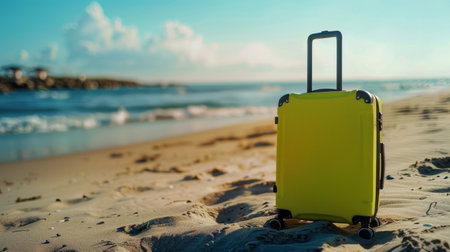 Modern lime suitcase in the sand, in front of a beach, generative aiの素材