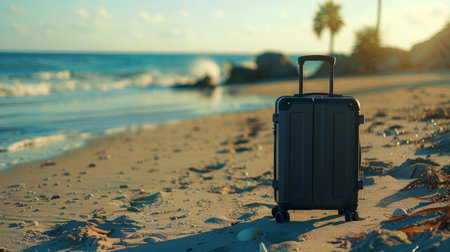 Modern suitcase in the sand, in front of a beach, generative aiの素材