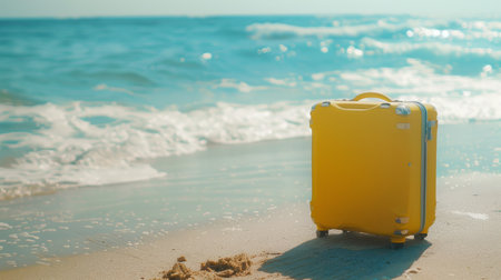 Modern yellow suitcase in the sand, in front of a beach generative aiの素材