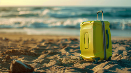 Modern lime suitcase in the sand, in front of a beach, generative aiの素材
