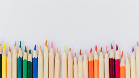Row of colored pencils for art and craft on a white background generative aiの素材