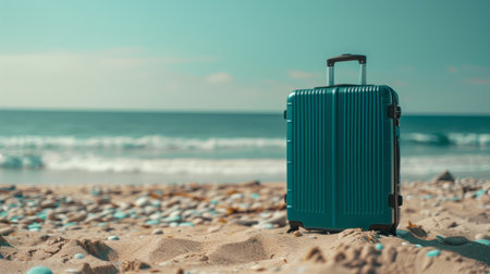 Modern teal suitcase in the sand, in front of a beach generative aiの素材