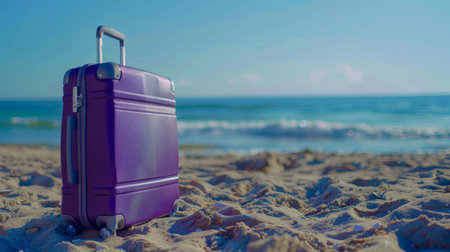 Modern purple suitcase in the sand, in front of a beach, generative aiの素材