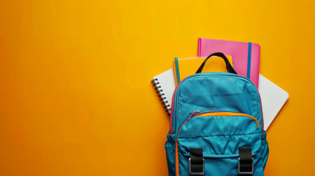 School bag. Backpack with notebooks for school on yellow background. generative aiの素材