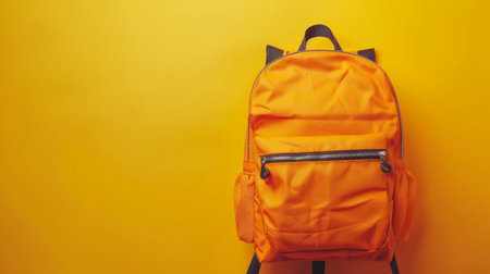 School bag. Backpack with staplers for school on yellow background. generative aiの素材