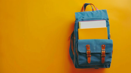 School bag. Backpack with sketchbooks for school on yellow background. generative aiの素材