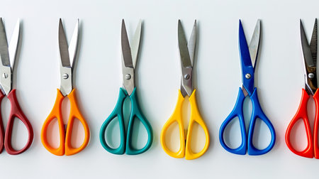 Row of scissors for art and craft on a white background generative aiの素材