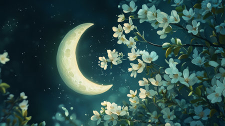 Spring crescent moon shining over a blooming garden, petals reflecting the moonlight generative aiの素材