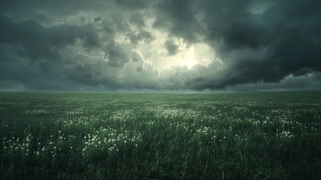 Storm over a flat meadow, with dark clouds swirling, generative aiの素材