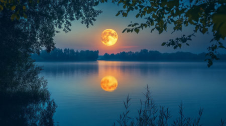 Full moon reflected in a calm river during a warm summer night generative aiの素材