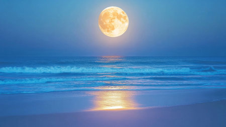 Full summer moon shining brightly over a warm beach, reflecting its light on the ocean. generative aiの素材