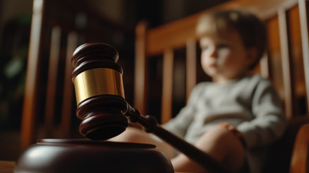 Legal gavel with child out of focus, symbol of the emotional weight of the custody fight generative aiの素材