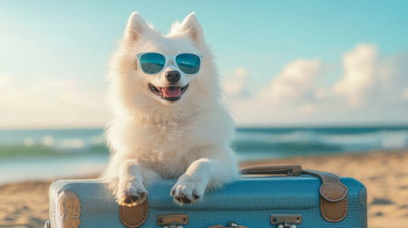 Fluffy Samoyed with cool sunglasses, sitting on a suitcase in a vacation setting generative aiの素材