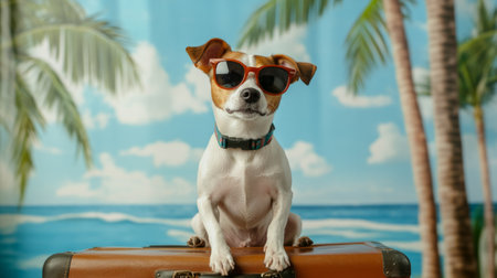 Energetic Jack Russell Terrier wearing sunglasses sitting on a suitcase with a beach scene generative aiの素材