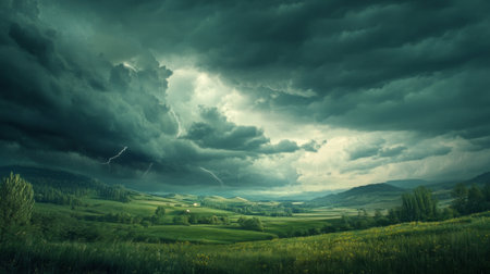 Dark clouds swirling over a rural landscape, with distant thunder and lightning generative aiの素材