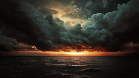 Dark, threatening clouds form in the sky over the ocean. generative aiの素材