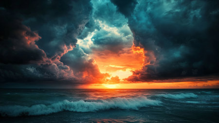 Dark, threatening clouds form in the sky over the ocean. generative aiの素材