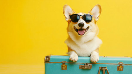 Cute corgi dog with sunglasses sitting on a suitcase generative aiの素材