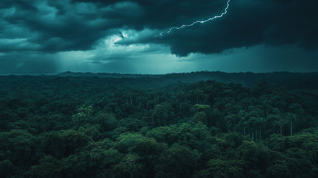 Dark and stormy sky over a dense forest, with lightning in the distance, generative aiの素材