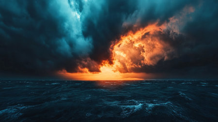 Dark, threatening clouds form in the sky over the ocean. generative aiの素材