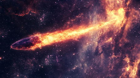 Comet flying through the cosmos, with fiery colors and a long tail behind generative aiの素材