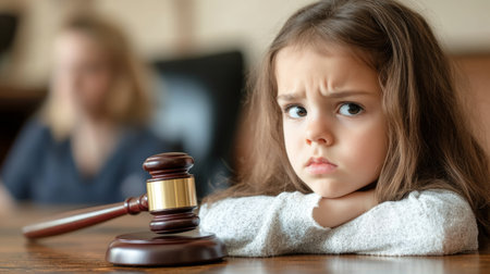 Close-up of judge's gavel with distant child, legal fights generative aiの素材