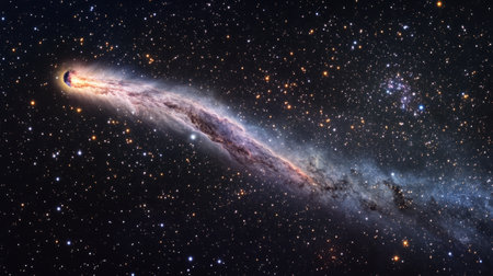 Burning comet tail streaking across the night sky, surrounded by bright stars and deep nebulae generative aiの素材
