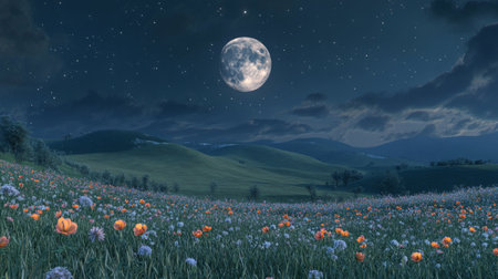 Bright full moon casting a silvery glow over the hills of a spring landscape, generative aiの素材