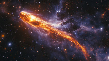 bright comet with a vibrant tail streaking through the cosmos, surrounded by a bright star cluster generative aiの素材