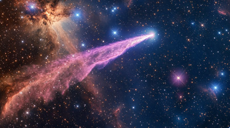 a tail flying radiantly across a starry sky, passing colorful nebulae generative aiの素材