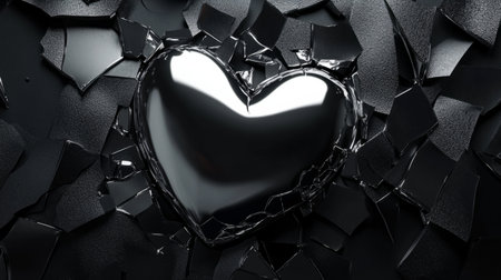 Silver heart emerging from a broken black background, softly lit generative aiの素材