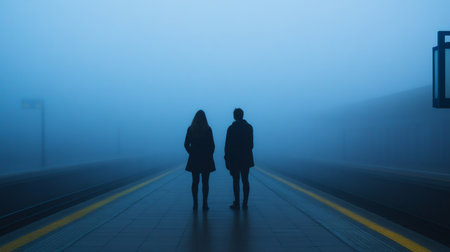 Silhouette of a separated couple at a foggy train station generative aiの素材