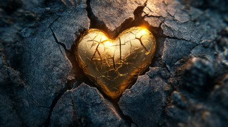 Shiny golden heart located in cracked stone generative aiの素材
