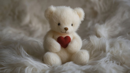 White teddy bear holding a small red heart generative aiの素材