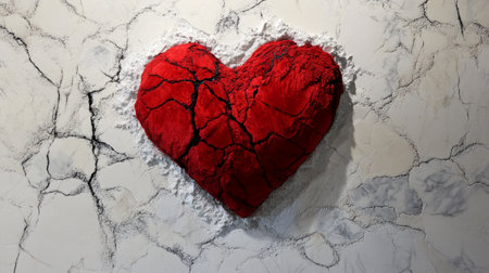 Red velvet heart held within fractured white marble, generative aiの素材