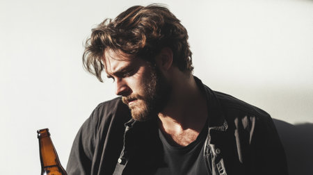 Man with a bottle of beer in his hand, looking down generative aiの素材