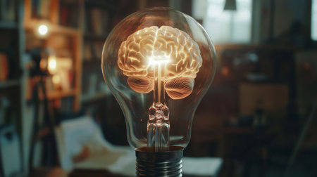 light bulb with human brain inside, emitting rays of light, innovative thinking concept generative aiの素材