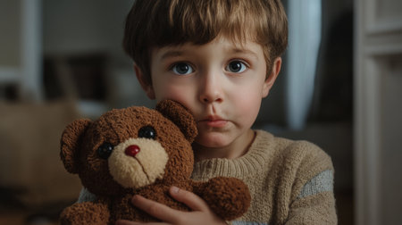 Portrait of upset boy holding stuffed toy looking at camera generative aiの素材