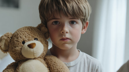 Portrait of upset boy holding stuffed toy looking at camera generative aiの素材
