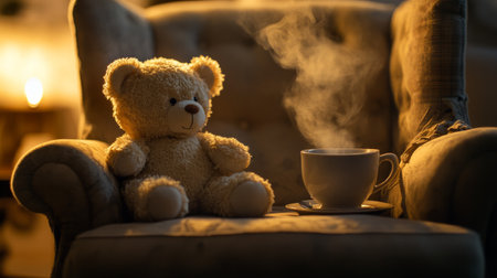 little teddy bear in a big cozy armchair next to a steaming cup of tea generative aiの素材