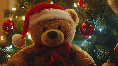 Fluffy teddy bear with red hat generative aiの素材