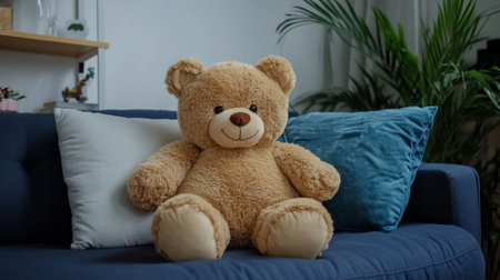 Large teddy bear with open arms, leaning on a pillow on the couch. generative aiの素材