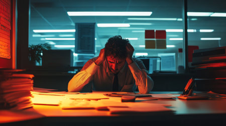 Employee at a desk with head down, surrounded by paperwork, visibly distressed, generative aiの素材