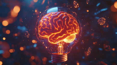 human brain lighting up inside a light bulb, surrounded by abstract thinking symbols, generative aiの素材